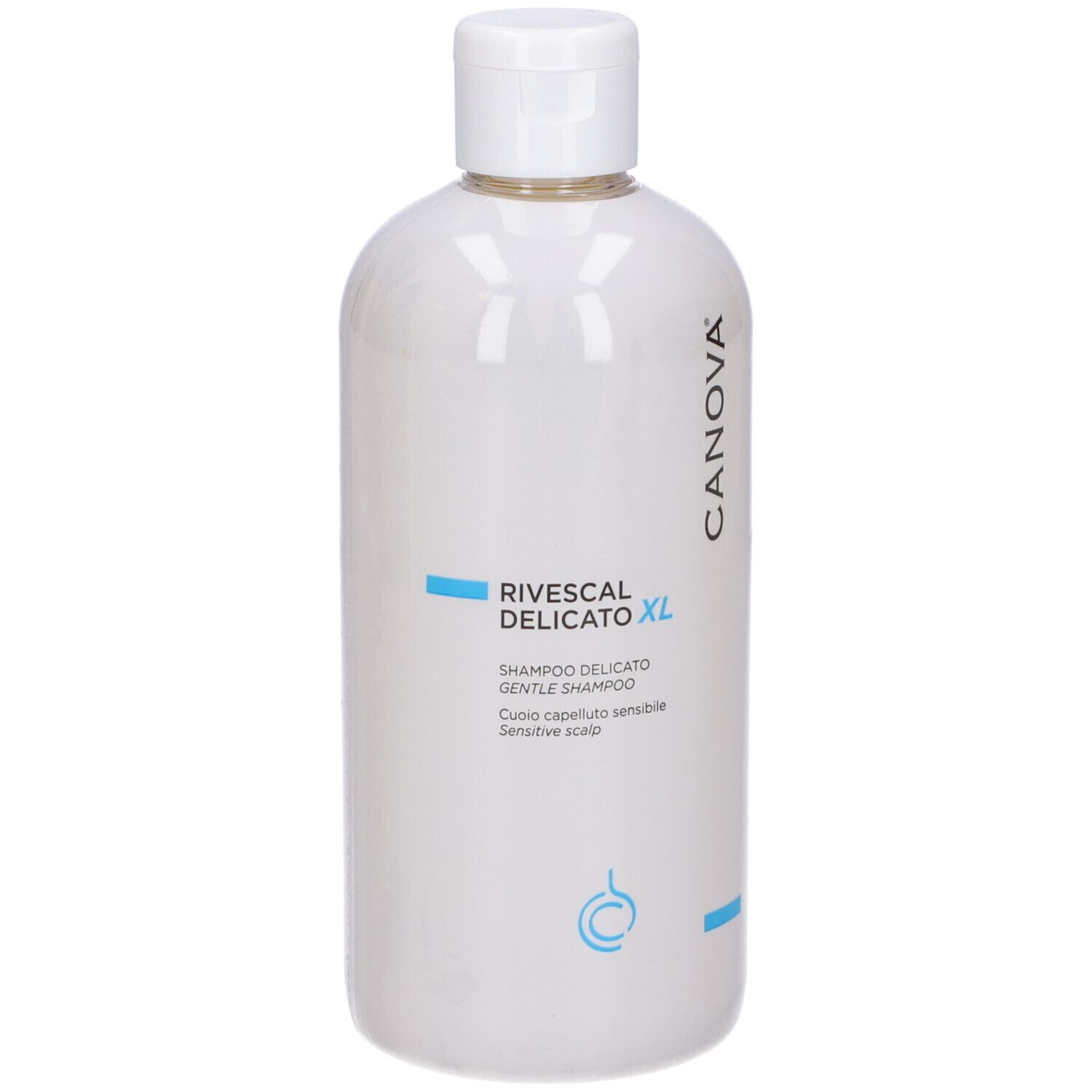 Flacone bianco con etichetta blu. Scritta: Rivescal Delicato XL, Shampoo. Marchio Canova.