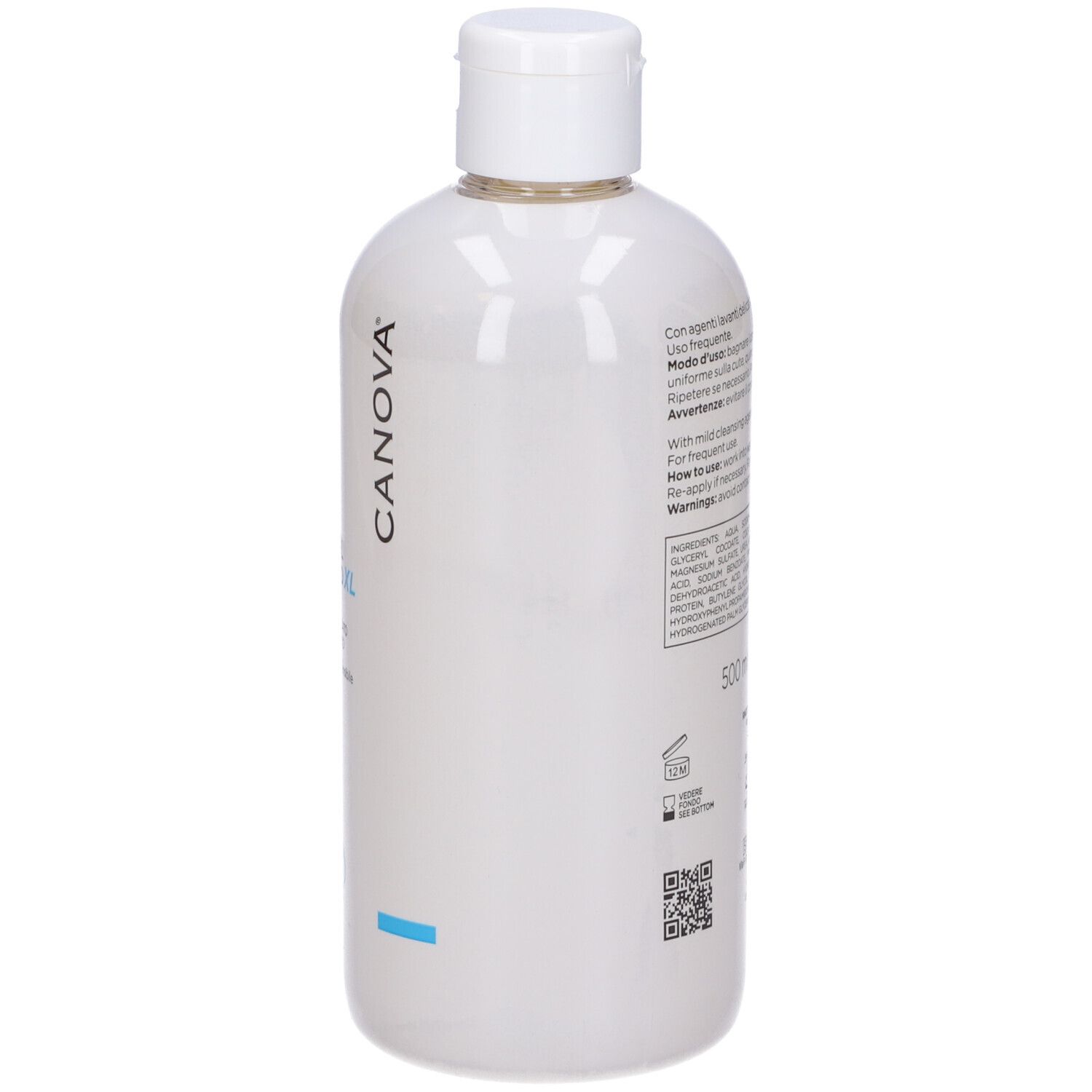 Flacone bianco, retro con testo. Contiene ingredienti e istruzioni. Marchio Canova.