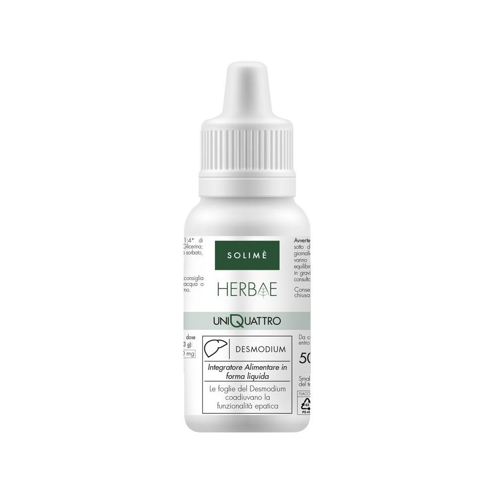 Flacone bianco con contagocce. Scritta: SOLIME HERBAE UNIQUATTRO DESMODIUM. 50. Integratore alimentare liquido.