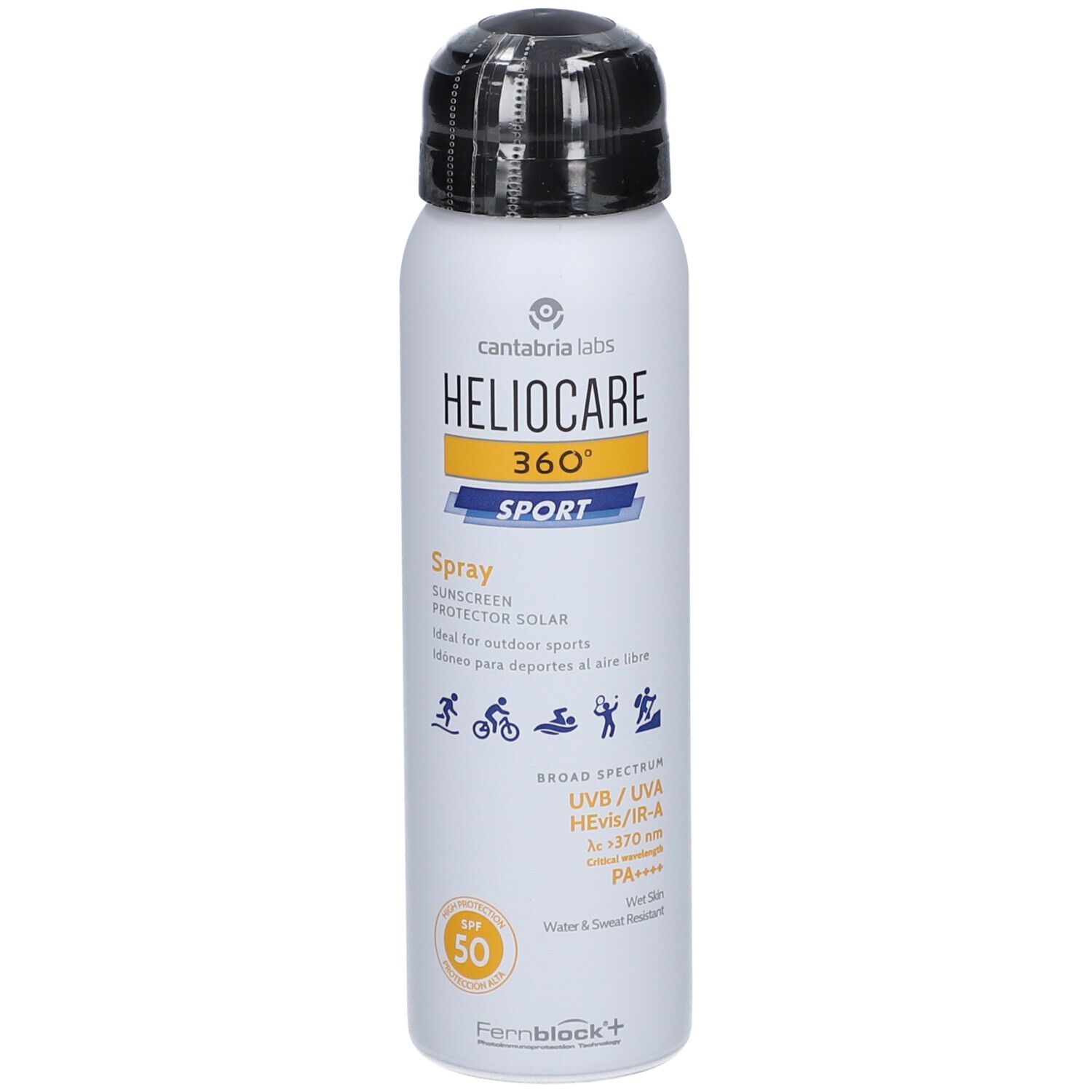 Spray bianco con tappo nero. Scritta: Heliocare 360° Sport, SPF 50. Per sport all'aperto. Resistente all'acqua e al sudore.