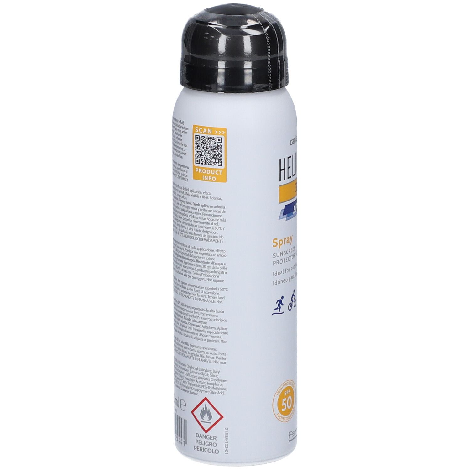 Spray bianco con tappo nero. Scritta: Heliocare 360° Sport, SPF 50. Per sport all'aperto. Resistente all'acqua e al sudore.