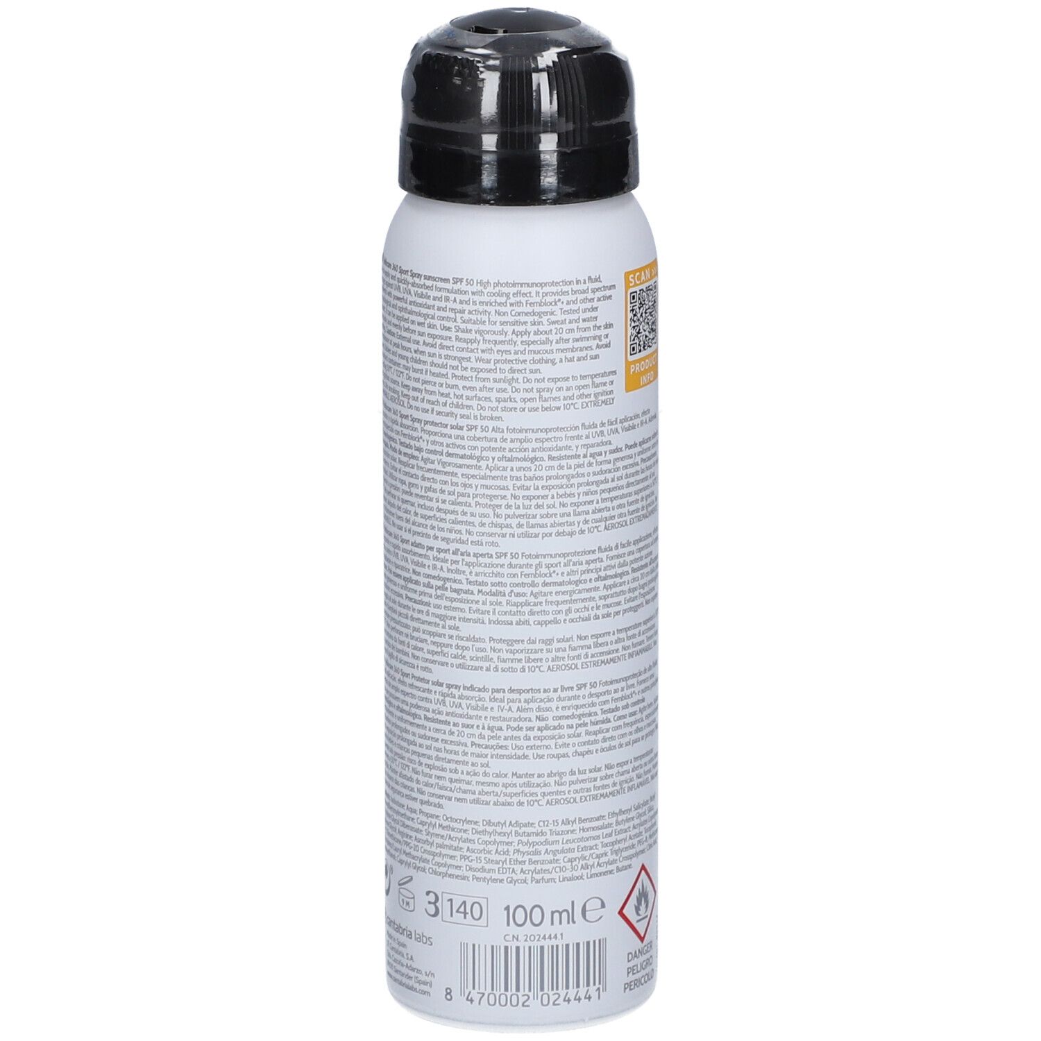 Spray bianco con tappo nero. Scritta: Heliocare 360° Sport, SPF 50. Per sport all'aperto. Resistente all'acqua e al sudore.
