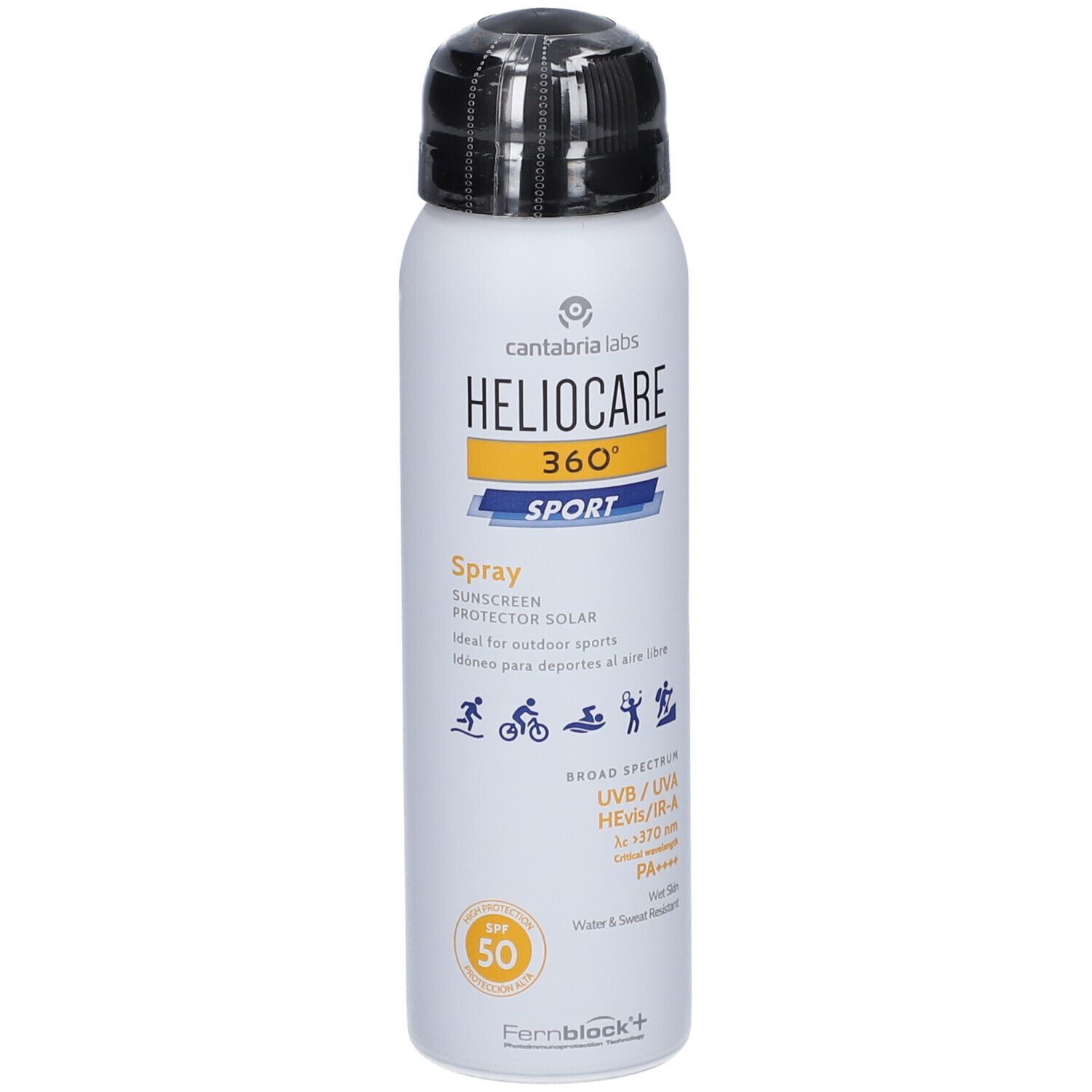 Spray bianco con tappo nero. Scritta: Heliocare 360° Sport, SPF 50. Per sport all'aperto. Resistente all'acqua e al sudore.