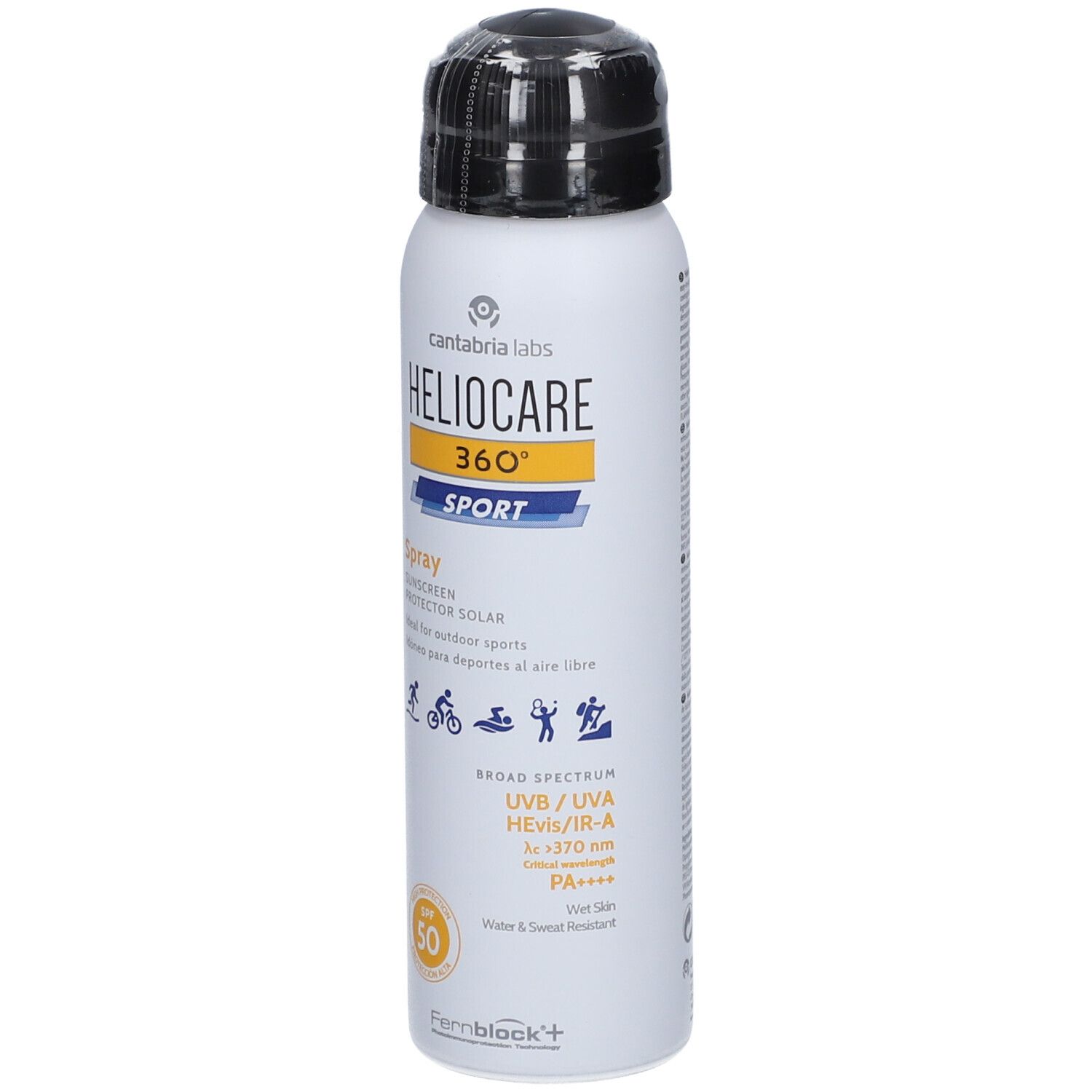 Spray bianco con tappo nero. Scritta: Heliocare 360° Sport, SPF 50. Per sport all'aperto. Resistente all'acqua e al sudore.