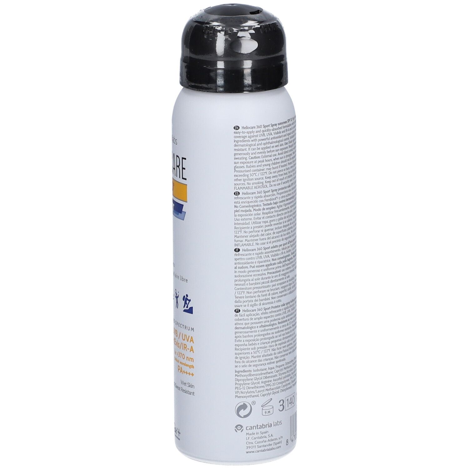 Spray bianco con tappo nero. Scritta: Heliocare 360° Sport, SPF 50. Per sport all'aperto. Resistente all'acqua e al sudore.
