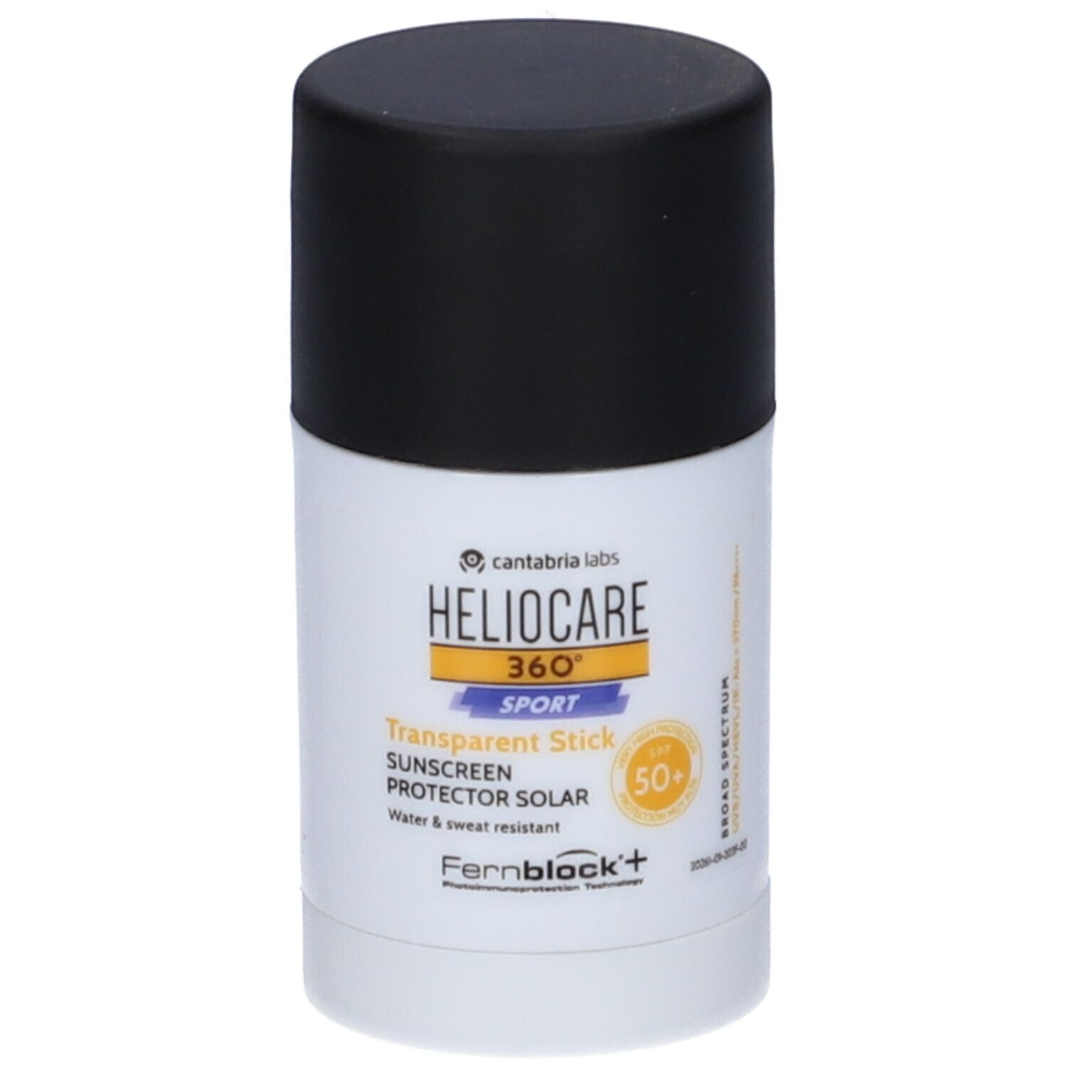 Heliocare 360° Sport Stick. Weißer Behälter mit schwarzem Deckel. Produktinformationen und Logo auf der Vorderseite.