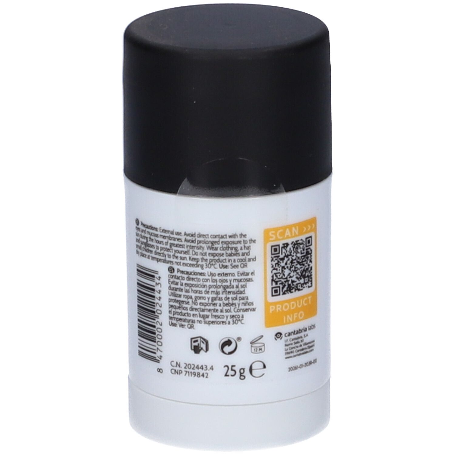 Heliocare 360° Sport Stick. Rückseite mit Warnhinweisen, QR-Code und Produktinformationen.