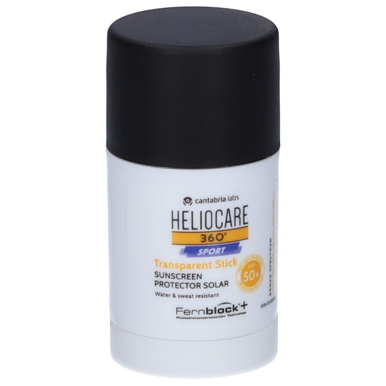 Heliocare 360° Sport Stick. Weißer Behälter mit schwarzem Deckel. Produktinformationen und Logo.