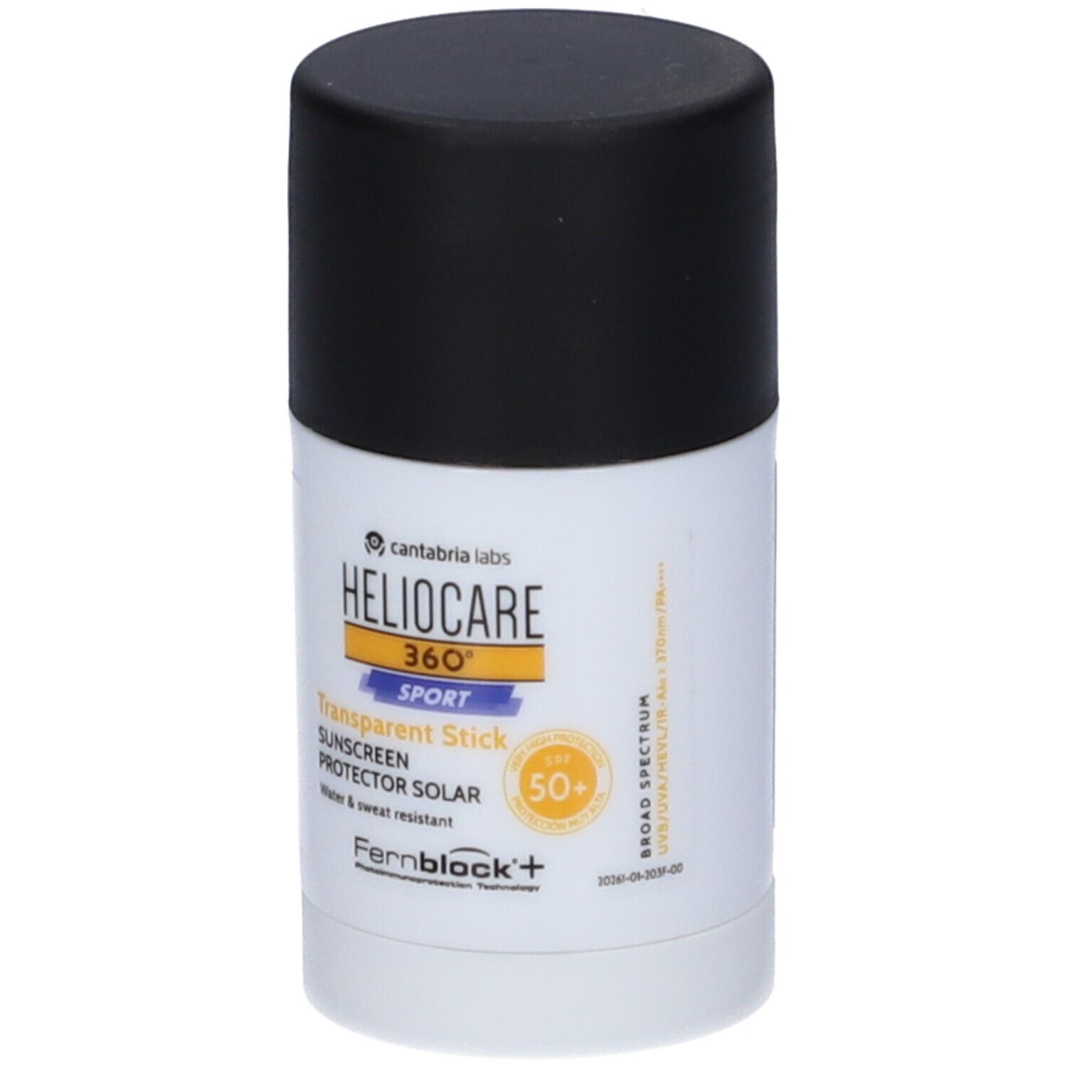 Heliocare 360° Sport Stick. Weißer Behälter mit schwarzem Deckel. Produktinformationen und Logo.