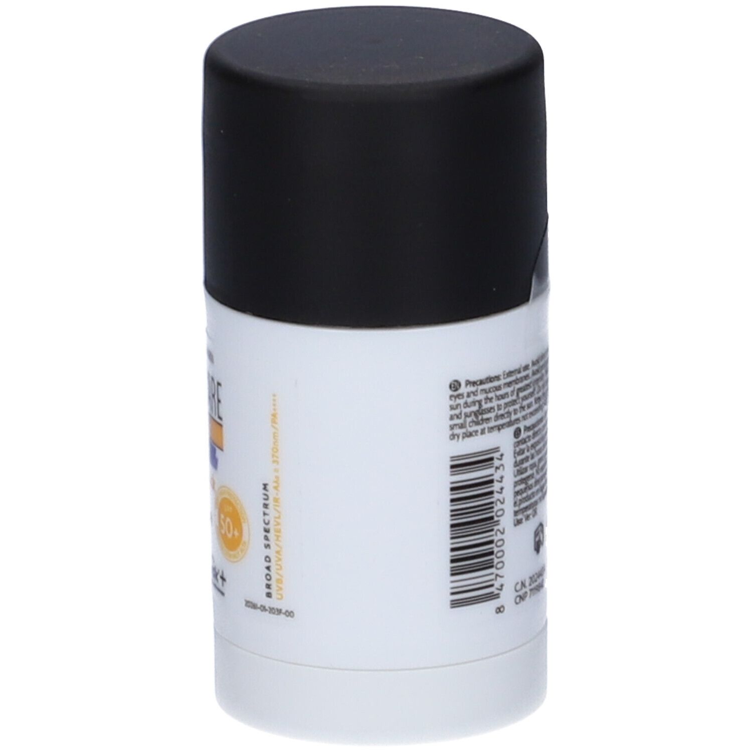 Heliocare 360° Sport Stick. Rückseite mit Warnhinweisen und Produktinformationen.