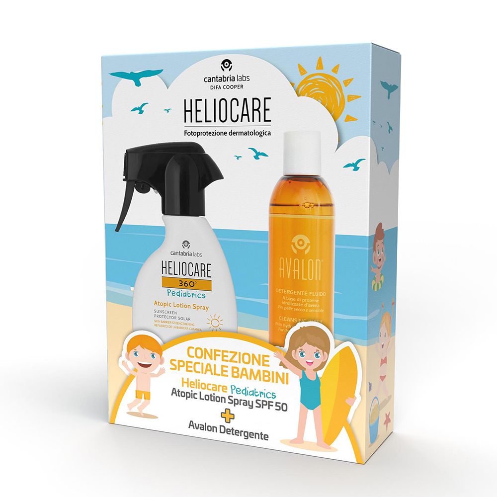 Confezione speciale per bambini HELIOCARE Pediatrics Atopic Lotion Spray SPF50 + Avalon Detergente. Illustrazioni di bambini sulla spiaggia.