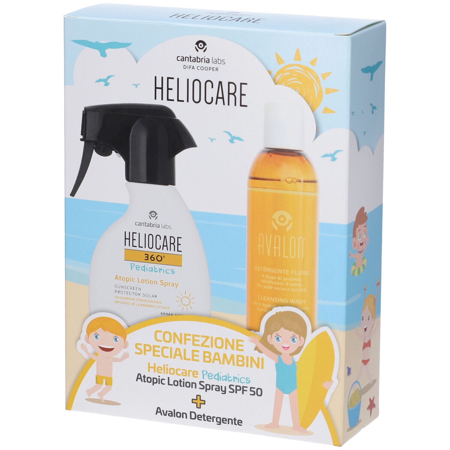 Confezione speciale HELIOCARE Pediatrics Atopic Lotion Spray SPF50 + Avalon Detergente. Illustrazioni di bambini sulla spiaggia. Vista frontale.