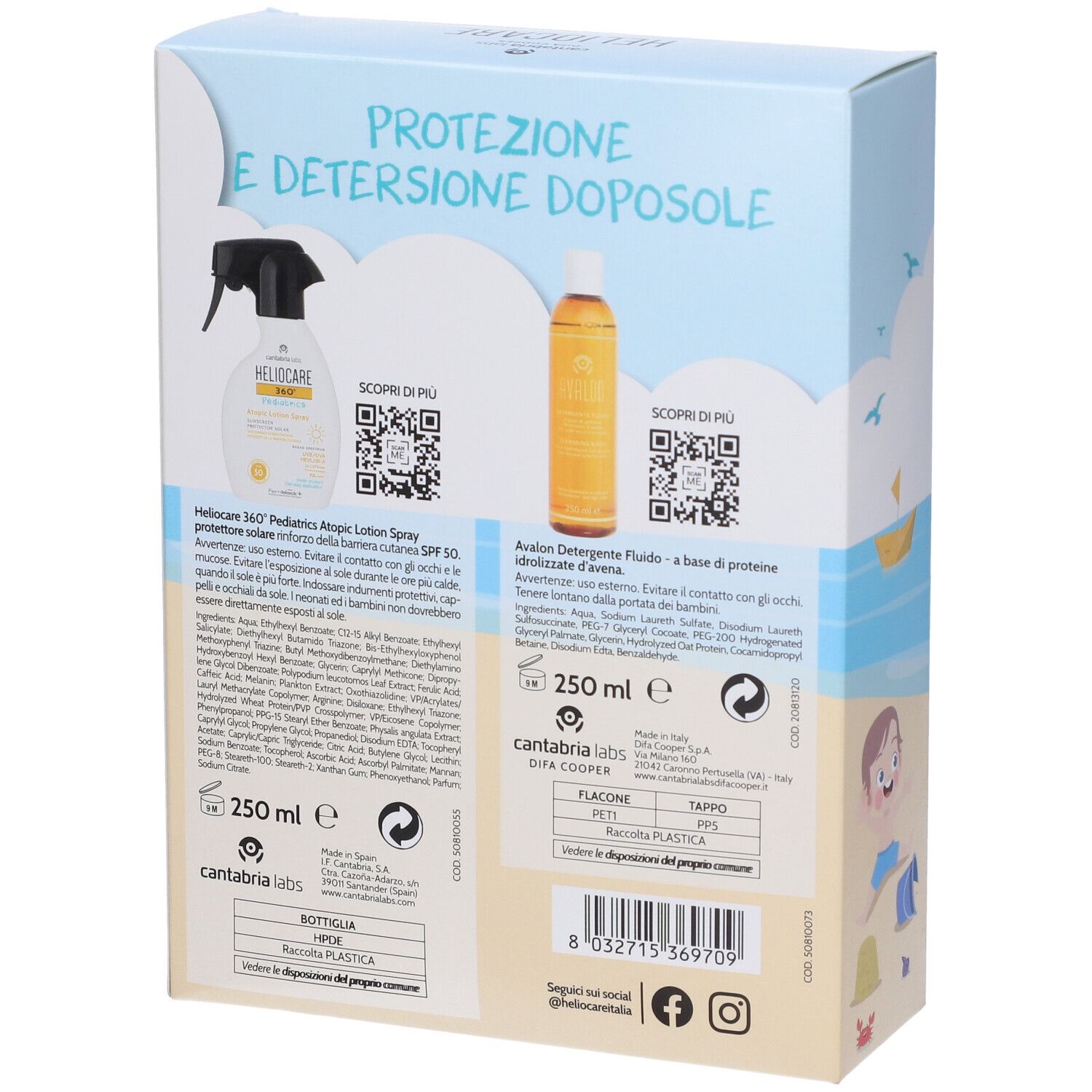 Retro della confezione con informazioni sui prodotti HELIOCARE Pediatrics Atopic Lotion Spray SPF50 e Avalon Detergente.
