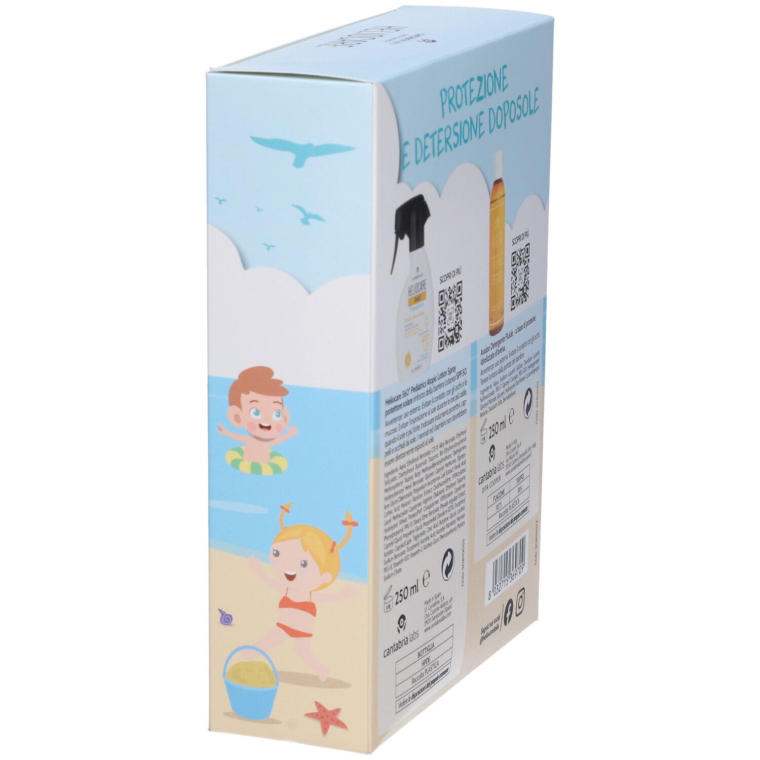 Vista laterale della confezione con informazioni sui prodotti HELIOCARE Pediatrics Atopic Lotion Spray SPF50 e Avalon Detergente. Illustrazioni di spiaggia.