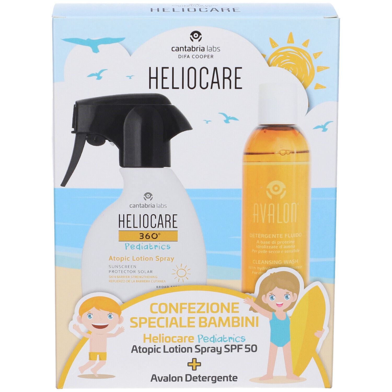 Confezione speciale HELIOCARE Pediatrics Atopic Lotion Spray SPF50 + Avalon Detergente. Illustrazioni di bambini sulla spiaggia. Vista frontale.