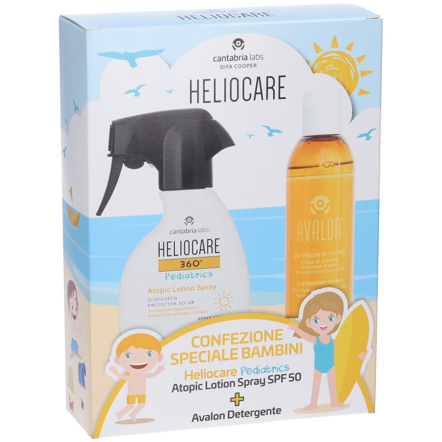 Confezione speciale HELIOCARE Pediatrics Atopic Lotion Spray SPF50 + Avalon Detergente. Illustrazioni di bambini sulla spiaggia. Vista frontale.