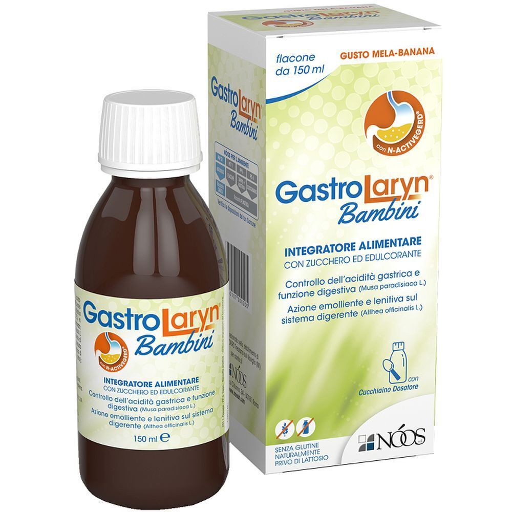 Flacone marrone con tappo bianco e scatola. Scritta: GastroLaryn Bambini. Con cucchiaino dosatore.