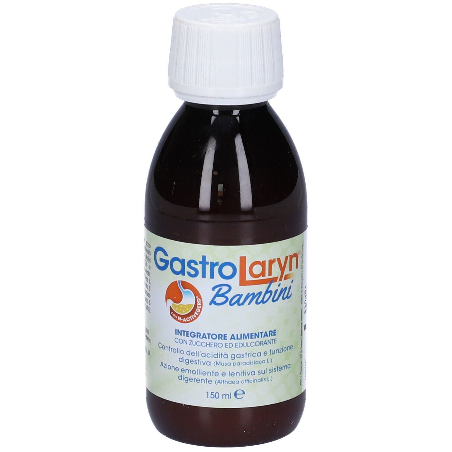 Flacone marrone con tappo bianco. Scritta: GastroLaryn Bambini. Con cucchiaino dosatore.