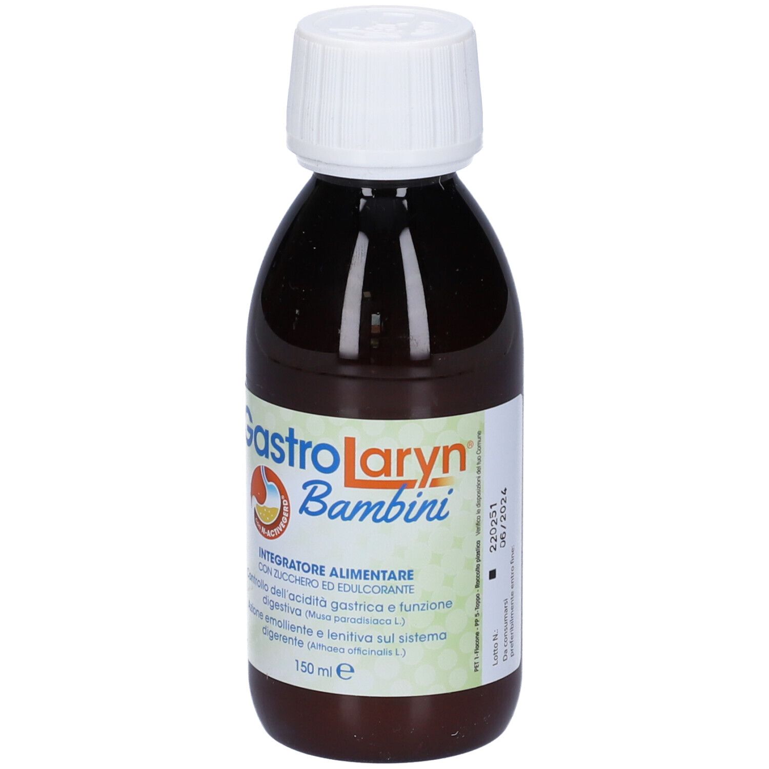Flacone marrone con tappo bianco. Scritta: GastroLaryn Bambini. 150 ml.