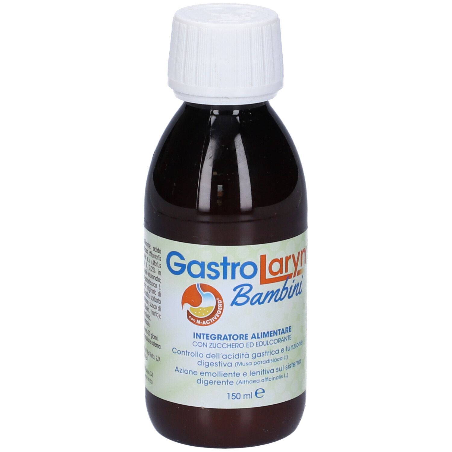Flacone marrone con tappo bianco. Scritta: GastroLaryn Bambini. 150 ml.