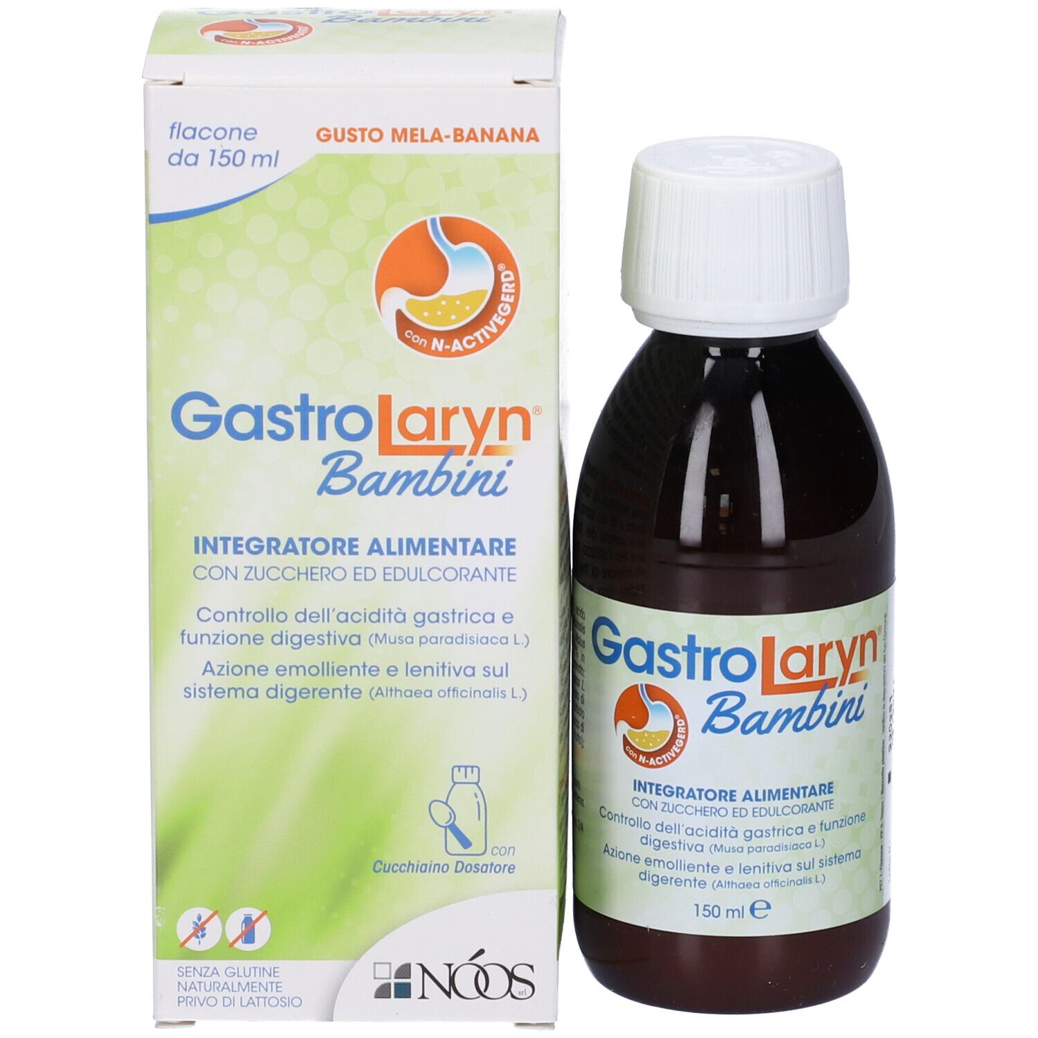 Flacone marrone con tappo bianco e scatola. Scritta: GastroLaryn Bambini. 150 ml.