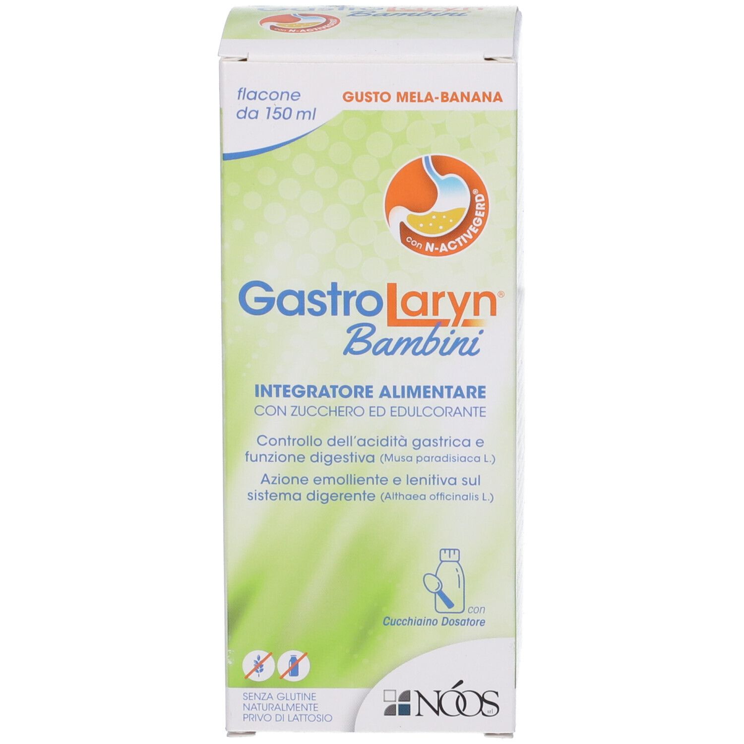 Scatola con scritta: GastroLaryn Bambini. Con cucchiaino dosatore.
