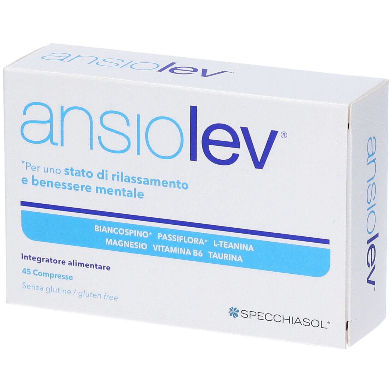 Scatola bianca "ansiolev". Contiene 45 compresse. Strisce blu con ingredienti. Marchio SPECCHIASOL.