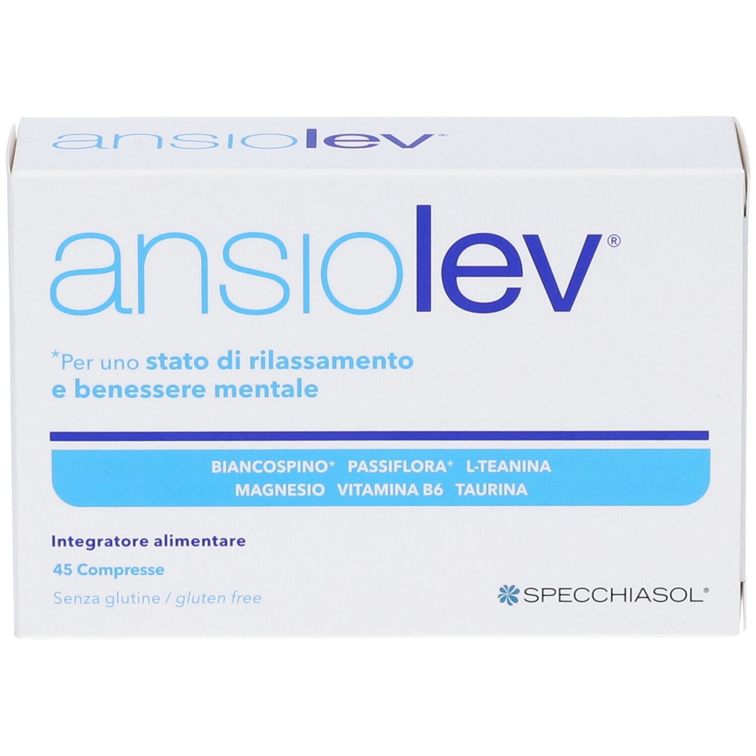 Scatola bianca "ansiolev". Contiene 45 compresse. Strisce blu con ingredienti. Marchio SPECCHIASOL.