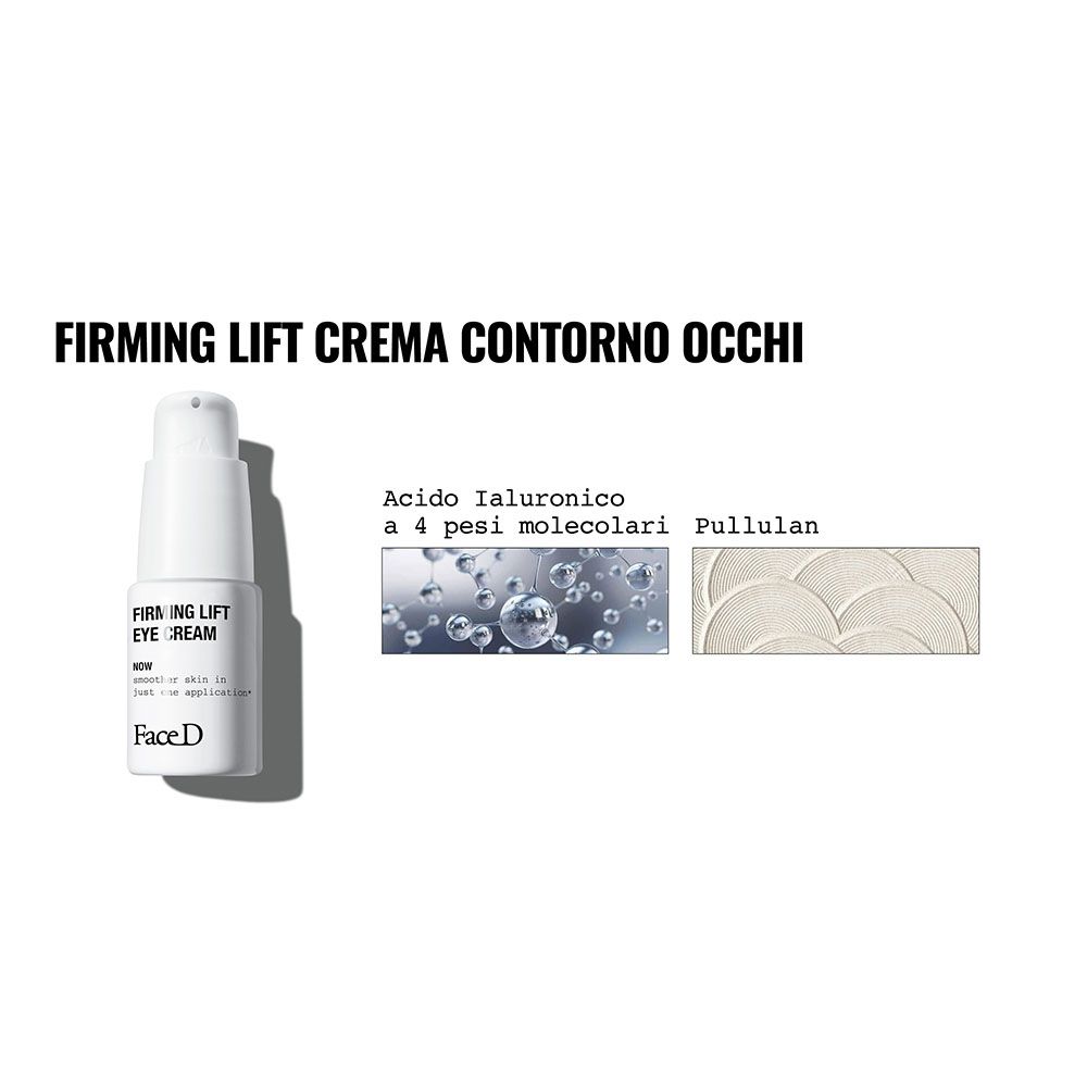 Produktabbildung mit Text: Firming Lift Crema Contorno Occhi. Abbildung von Inhaltsstoffen.