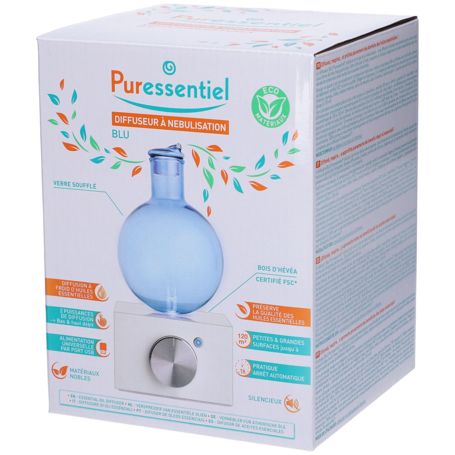 Confezione del diffusore. Contenitore in vetro blu su base bianca. Testo e loghi sulla confezione.