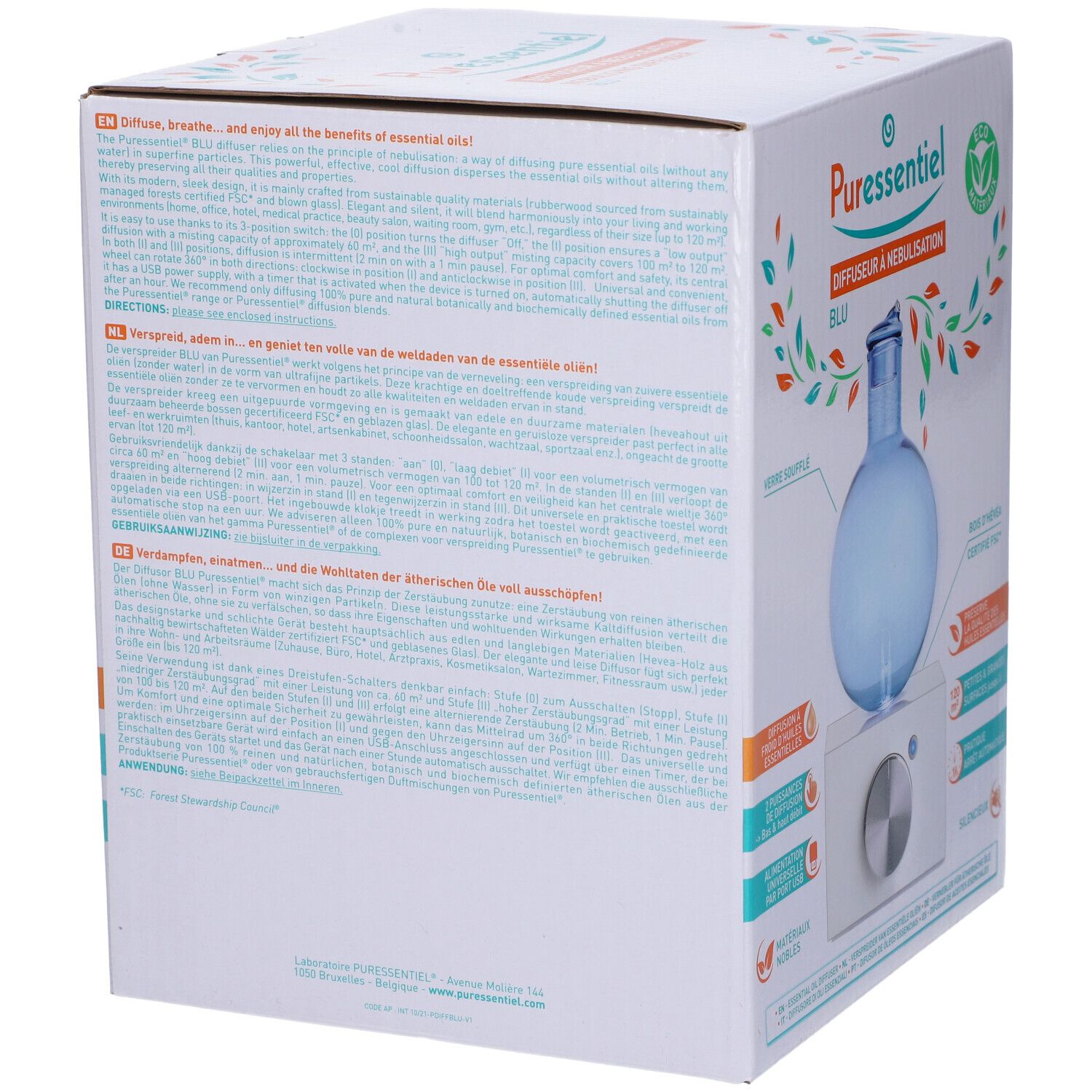Confezione del diffusore. Testo e loghi sulla confezione. Contenitore in vetro blu su base bianca.