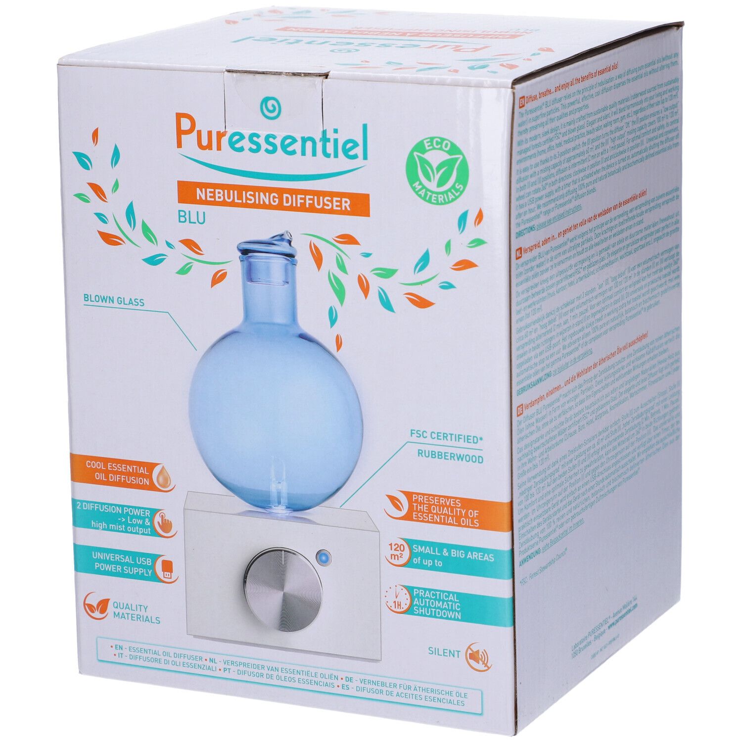 Confezione del diffusore. Contenitore in vetro blu su base bianca. Testo e loghi sulla confezione.