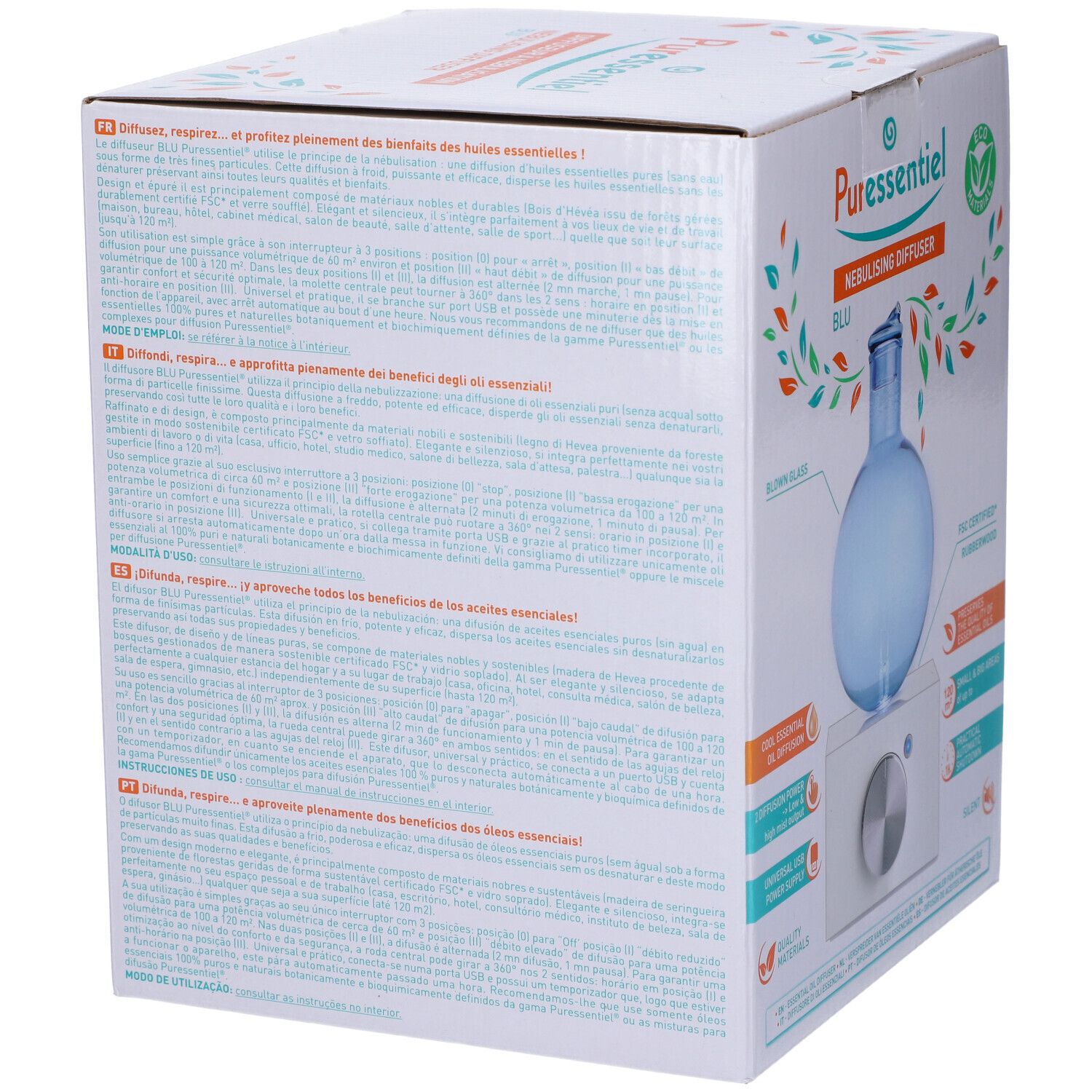Confezione del diffusore. Testo e loghi sulla confezione. Contenitore in vetro blu su base bianca.