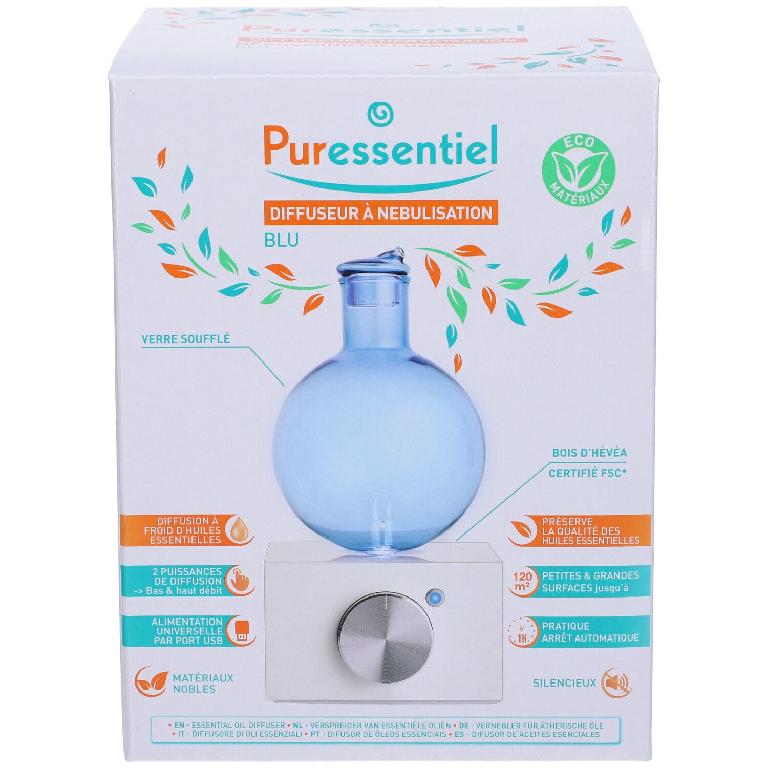 Confezione del diffusore. Contenitore in vetro blu su base bianca. Testo e loghi sulla confezione.