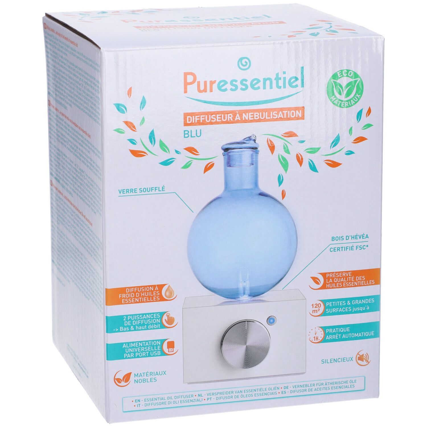 Confezione del diffusore. Contenitore in vetro blu su base bianca. Testo e loghi sulla confezione.