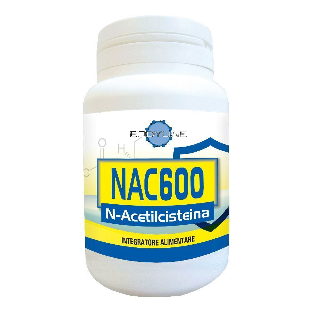Flacone bianco con etichetta giallo-blu. Scritta: NAC600 N-Acetilcisteina. Integratore alimentare.