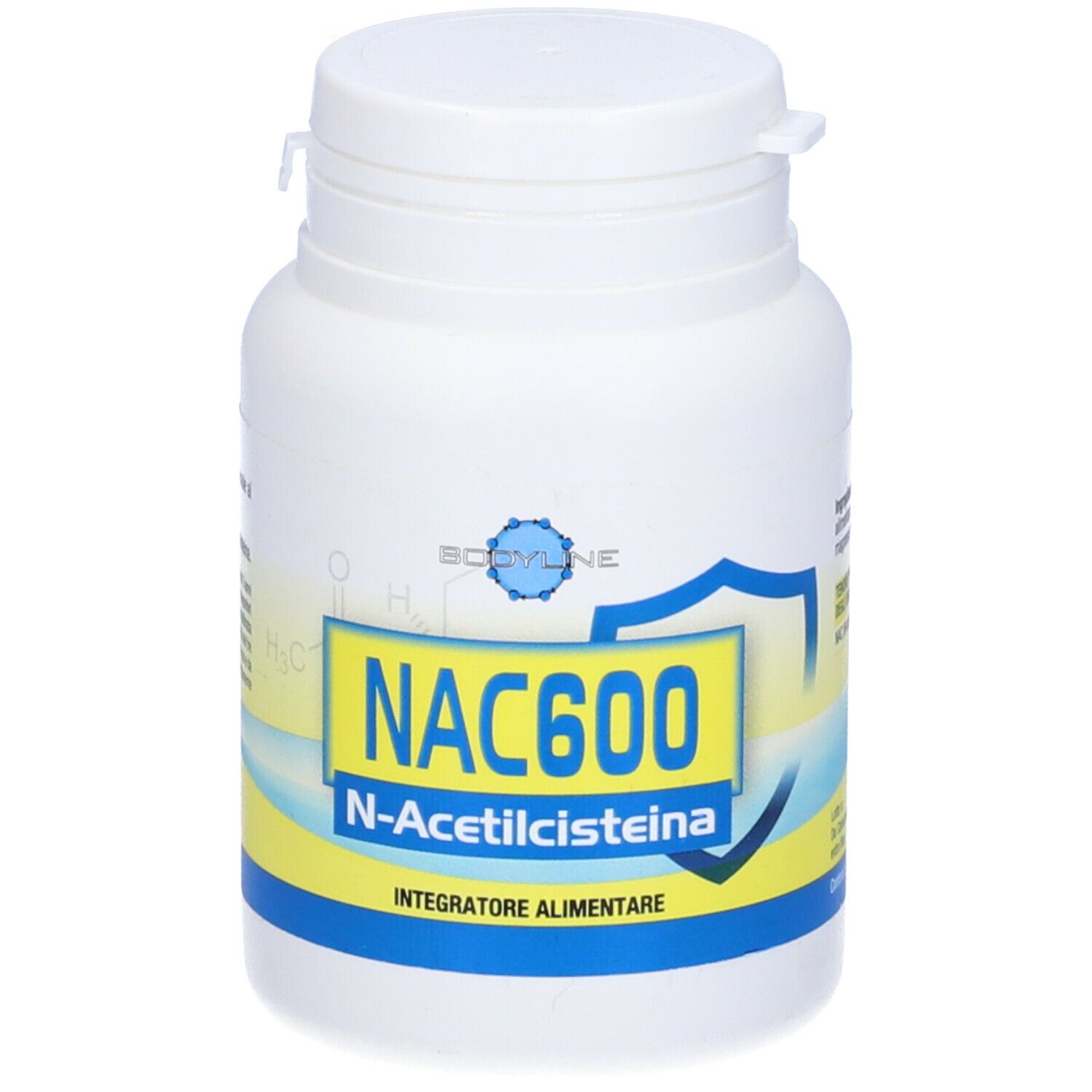 Flacone bianco con etichetta giallo-blu. Scritta: NAC600 N-Acetilcisteina. Integratore alimentare.