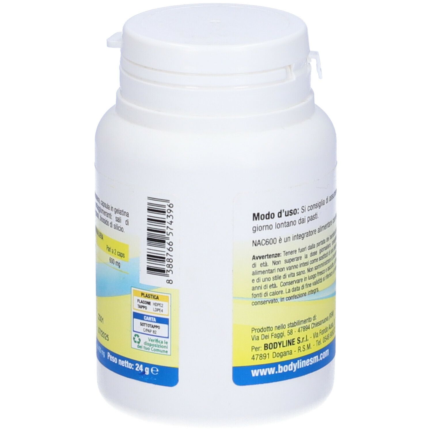 Flacone bianco, retro con testo e codice a barre. Scritta: NAC600. Testo su ingredienti e peso.