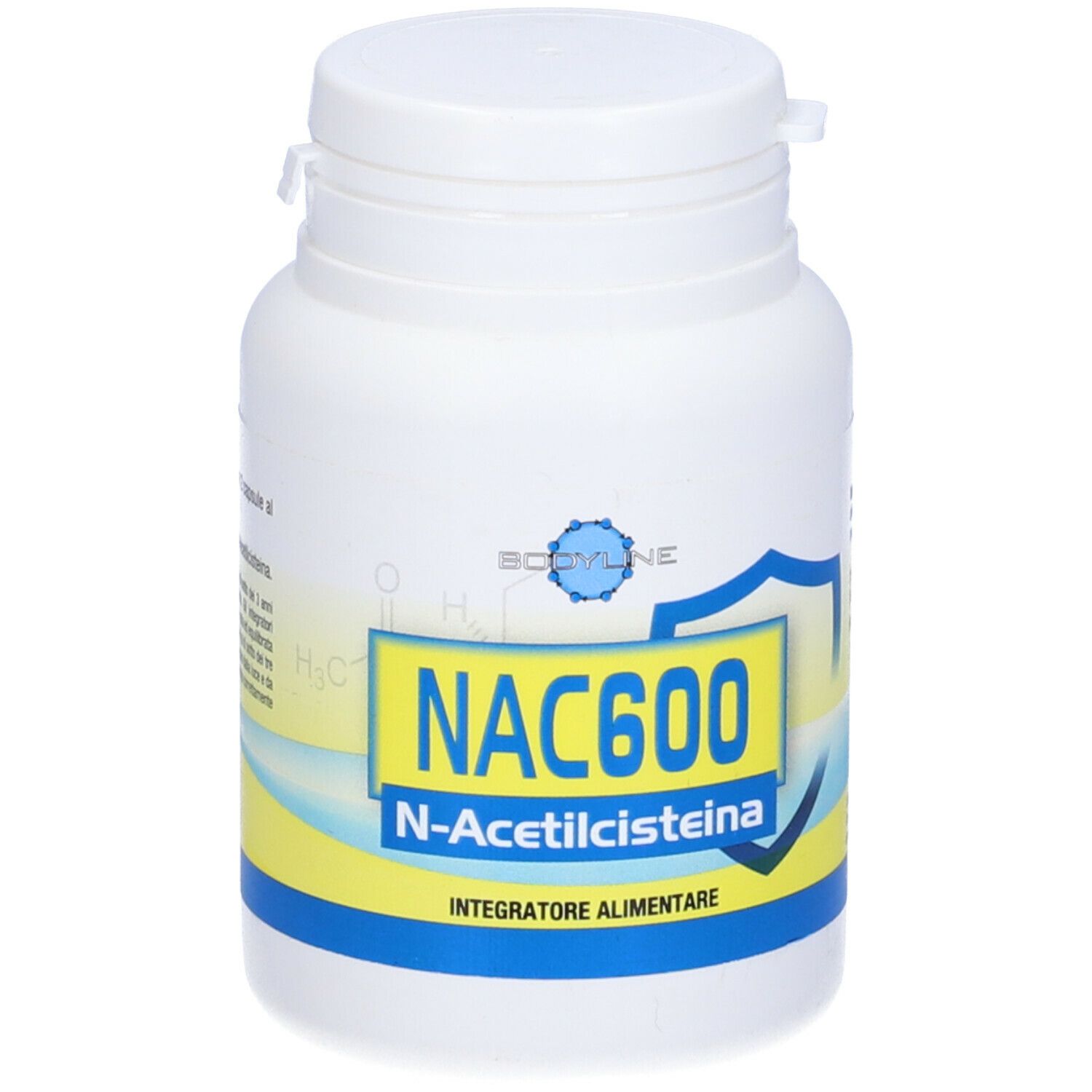 Flacone bianco con etichetta giallo-blu. Scritta: NAC600 N-Acetilcisteina. Integratore alimentare.