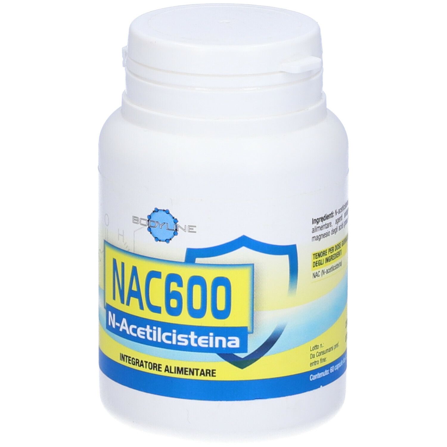 Flacone bianco con etichetta giallo-blu. Scritta: NAC600 N-Acetilcisteina. Integratore alimentare.