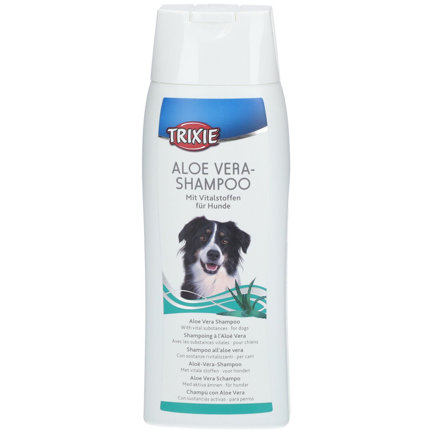 Flacone bianco di shampoo TRIXIE Aloe Vera per cani. Immagine di cane, aloe vera e nome del prodotto.