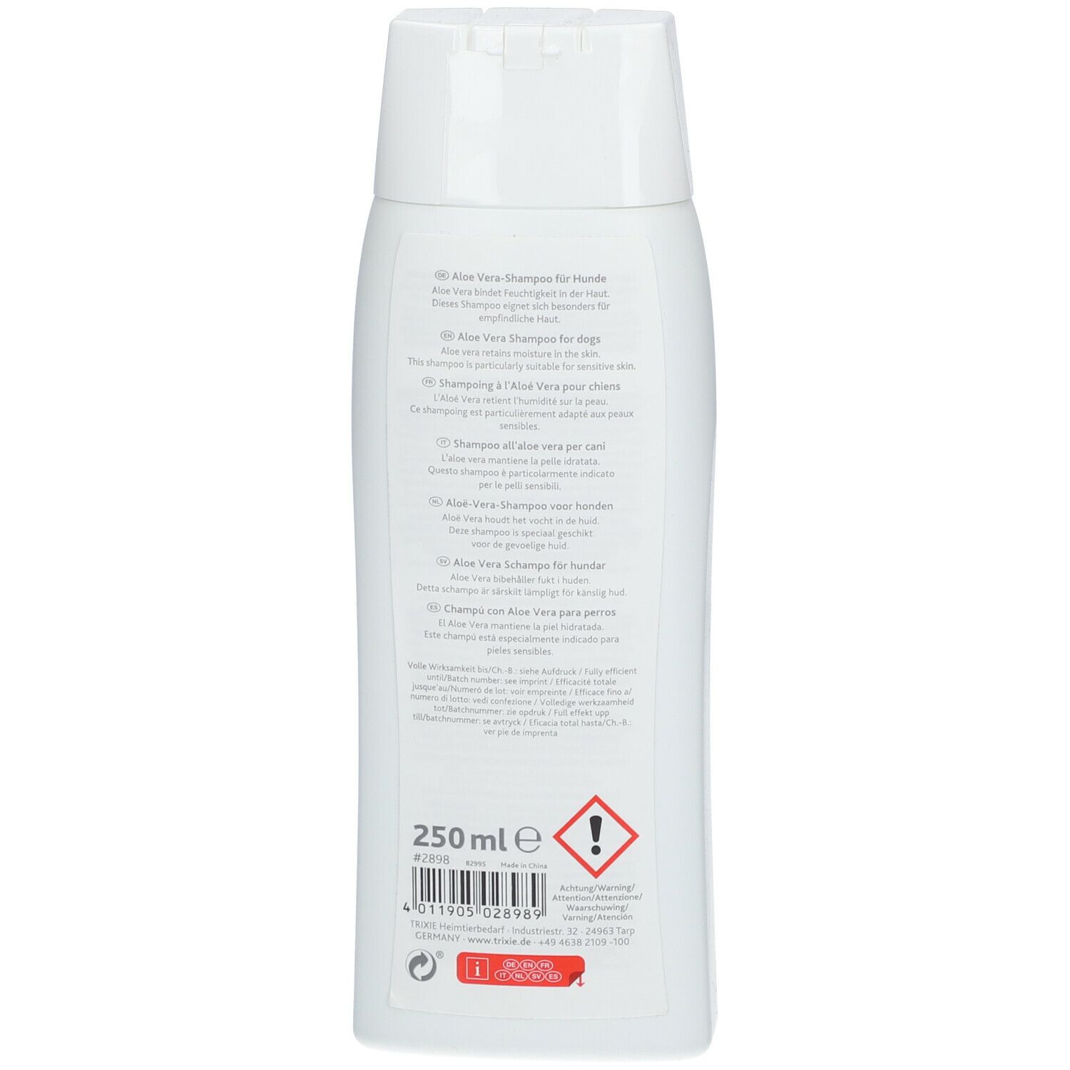 Retro del flacone bianco di shampoo TRIXIE Aloe Vera. Testo multilingue, 250 ml, avvertenza.