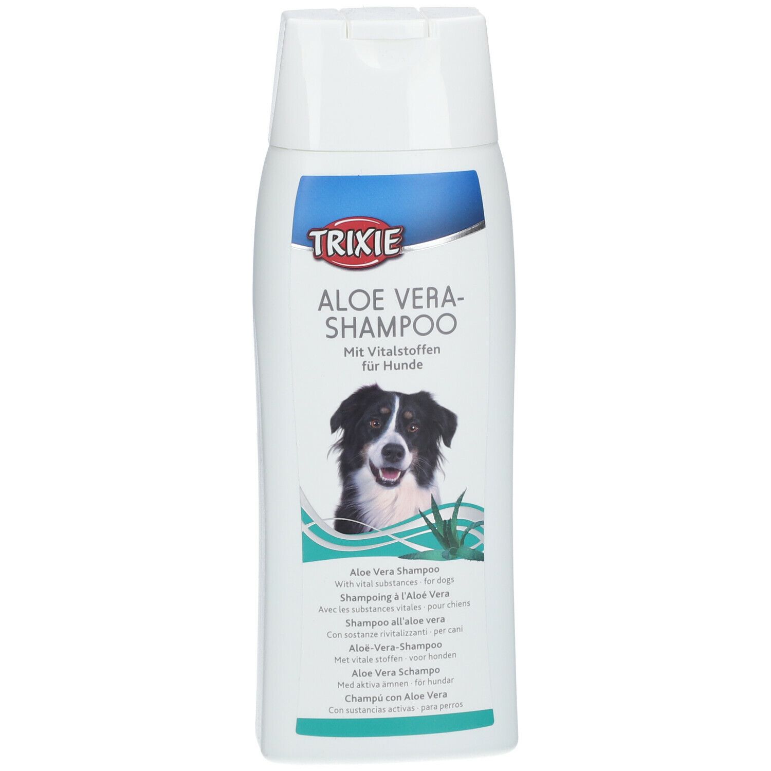 Flacone bianco di shampoo TRIXIE Aloe Vera per cani. Vista del prodotto con cane, aloe vera e nome.