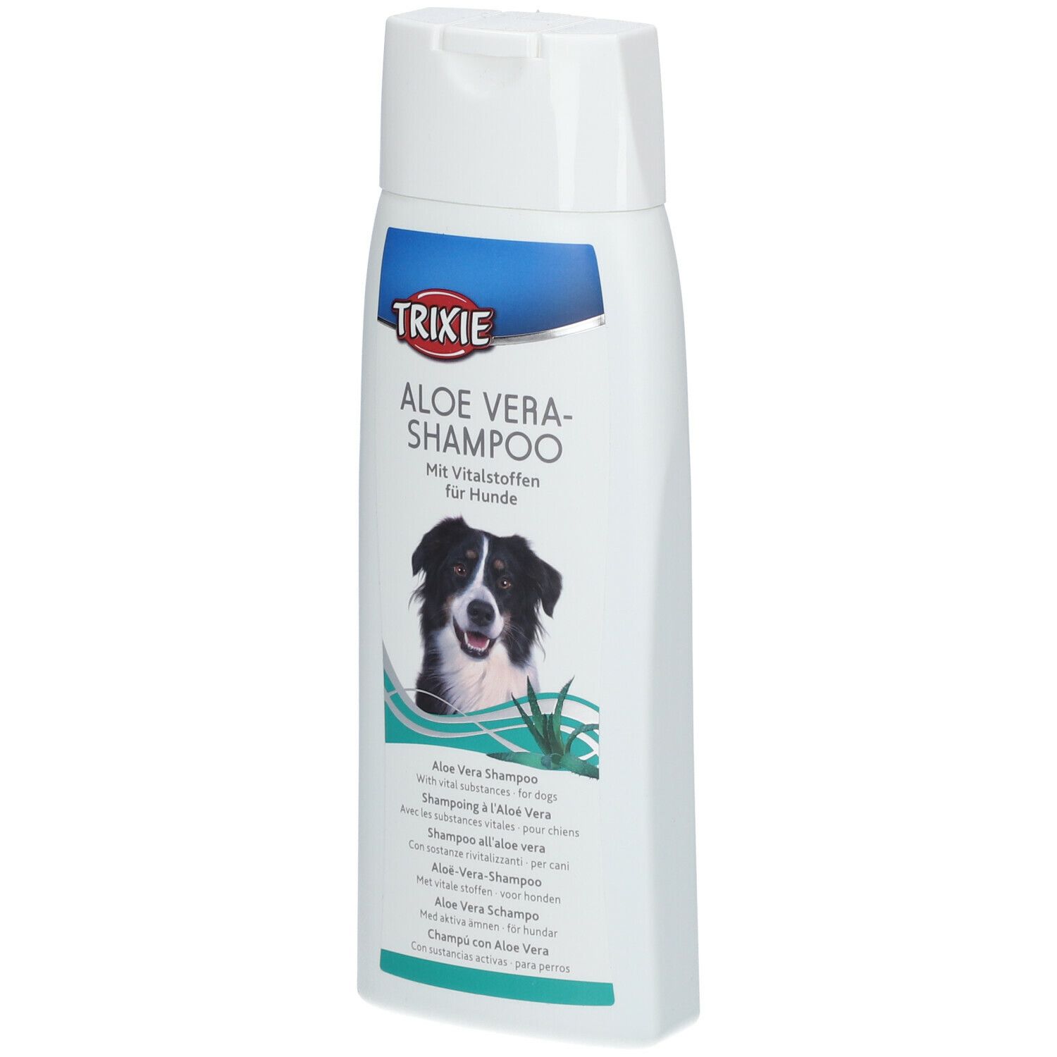 Flacone bianco di shampoo TRIXIE Aloe Vera per cani. Vista del prodotto con cane, aloe vera e nome.