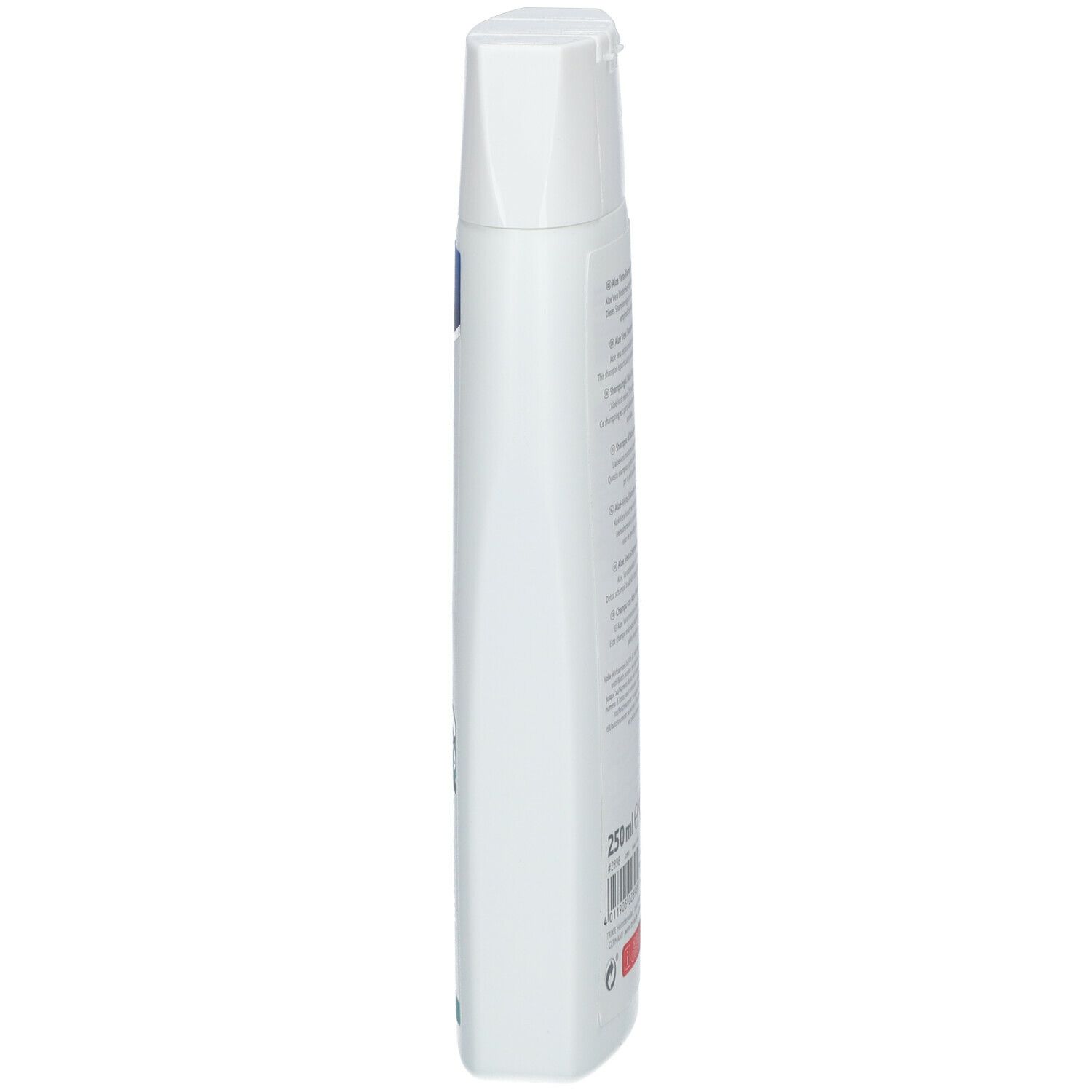 Flacone bianco di shampoo TRIXIE Aloe Vera. Vista laterale. Tappo e forma del flacone visibili.