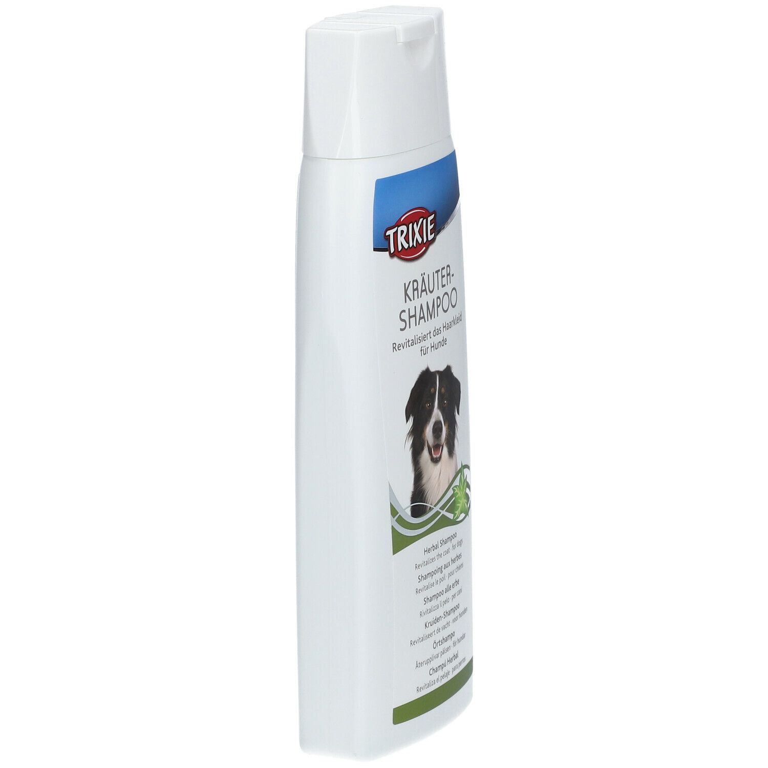 Shampoo alle erbe TRIXIE per cani. Bottiglia bianca, vista laterale. Etichetta blu con logo e nome prodotto. Foto di cane e erbe.