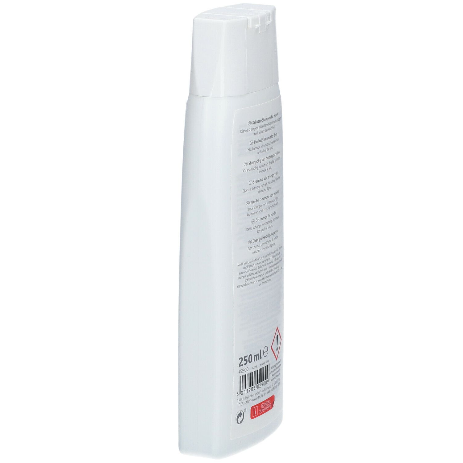 Retro della bottiglia di shampoo alle erbe TRIXIE. Bottiglia bianca, vista laterale. Testo multilingue, avvertenze e volume: 250 ml.