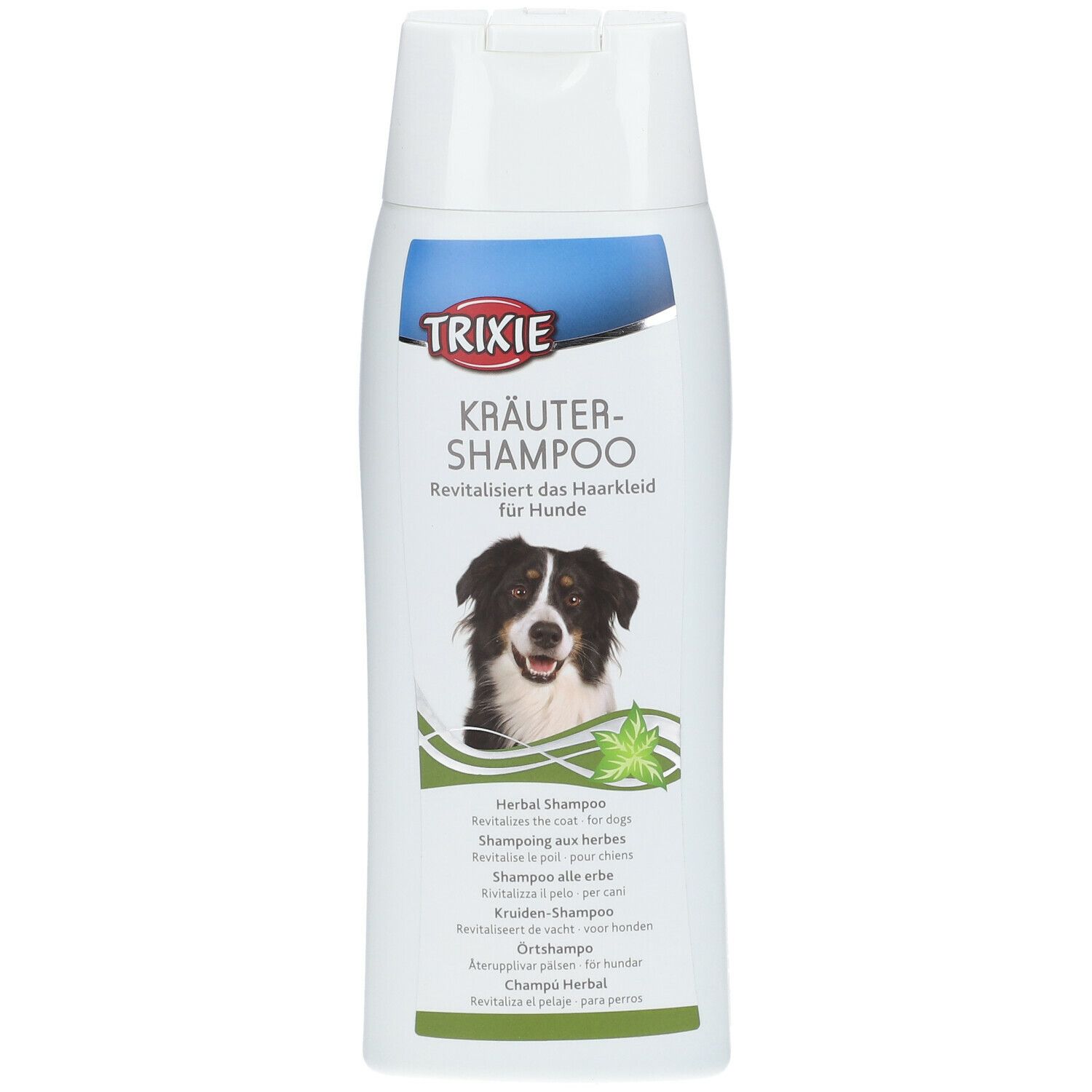 Shampoo alle erbe TRIXIE per cani. Bottiglia bianca con accento blu, foto di cane e illustrazione di erbe. Testo multilingue.