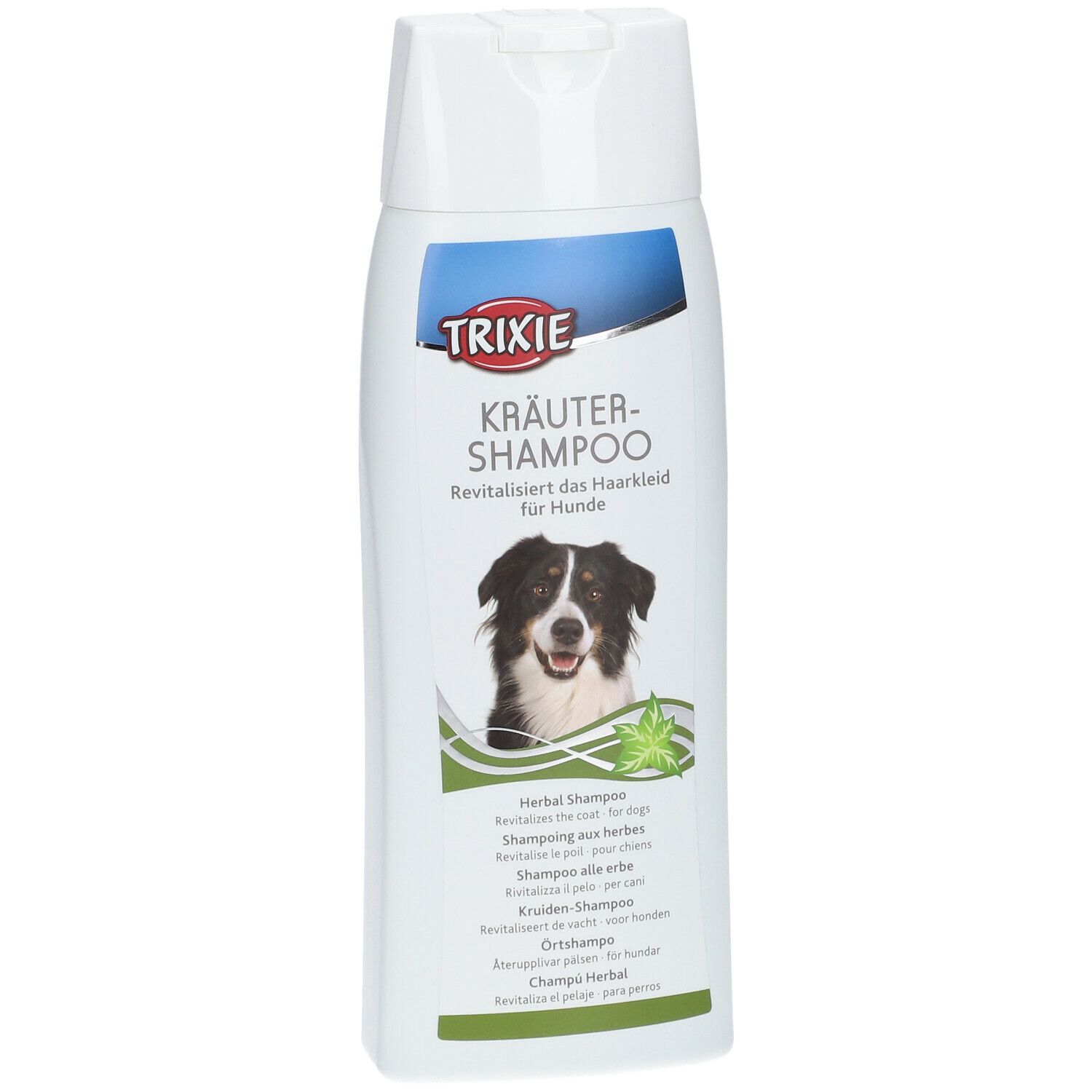 Shampoo alle erbe TRIXIE per cani. Bottiglia bianca con accento blu, foto di cane e illustrazione di erbe. Testo multilingue.