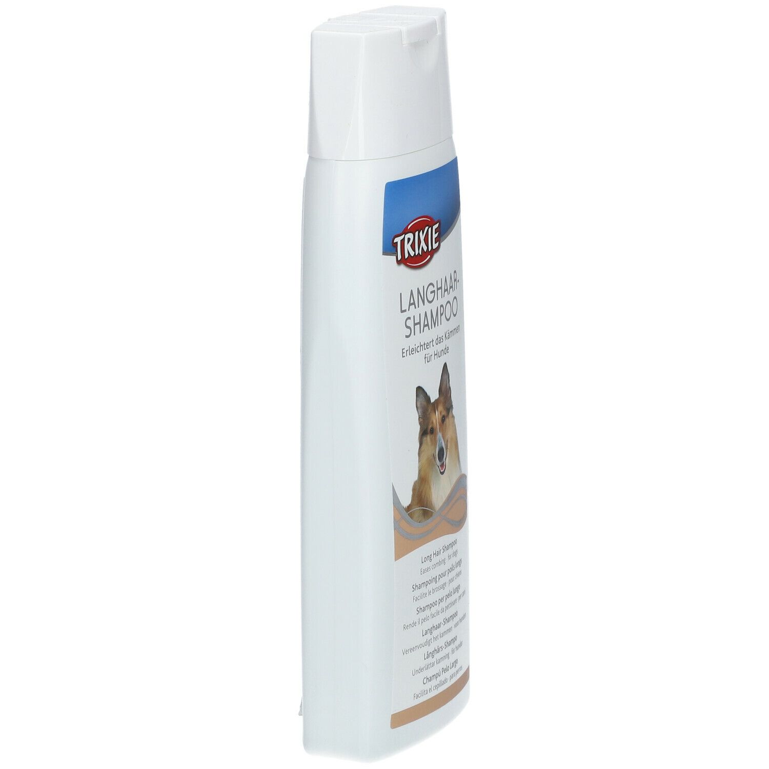 Flacone bianco, vista laterale. Logo TRIXIE e scritta "LANGHAAR-SHAMPOO". Immagine di un cane. Denominazioni multilingue del prodotto.